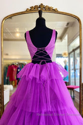 Backless Purple High Low Semi Formal Prom Dresses, Open Back Purple High Low Formal Evening Dresses